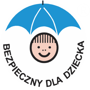 Logo z niebieskim parasolem nad uśmiechniętą buzią dziecka i napisem "BEZPIECZNY DLA DZIECKA"
