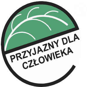 Zielone logo z liściem i napisem „PRZYJAZNY DLA CZŁOWIEKA” w okręgu