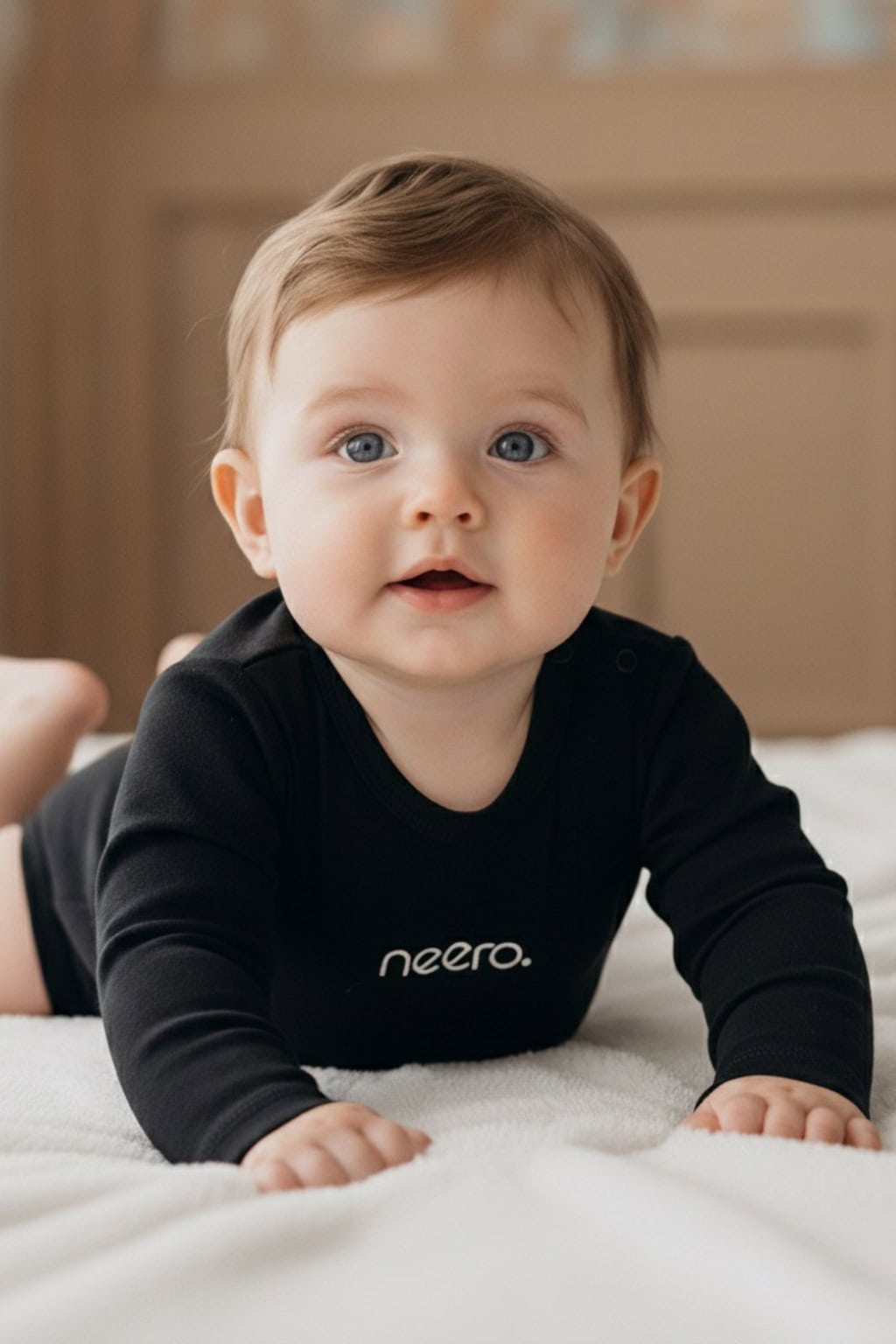 Niemowlę w czarnym body z długim rękawem z napisem "neero." leżące na białym kocu